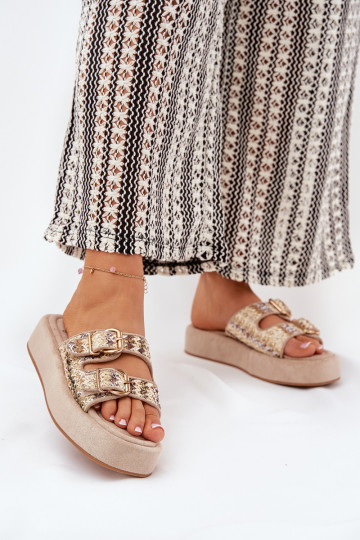 Pantofole da donna con una piattaforma con fibbie I Plecionką colore kaki Limme