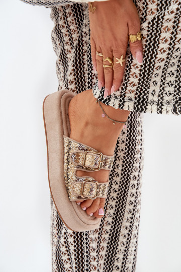 Pantofole da donna con una piattaforma con fibbie I Plecionką colore kaki Limme 2