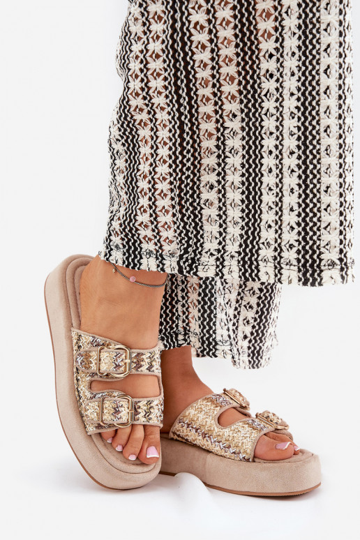 Pantofole da donna con una piattaforma con fibbie I Plecionką colore kaki Limme