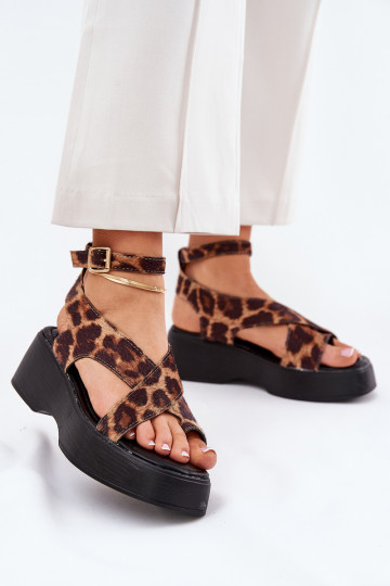 Sandali Donna con piattaforma e tacco in ecopelle con stampa leopardata color marrone Tenzorus