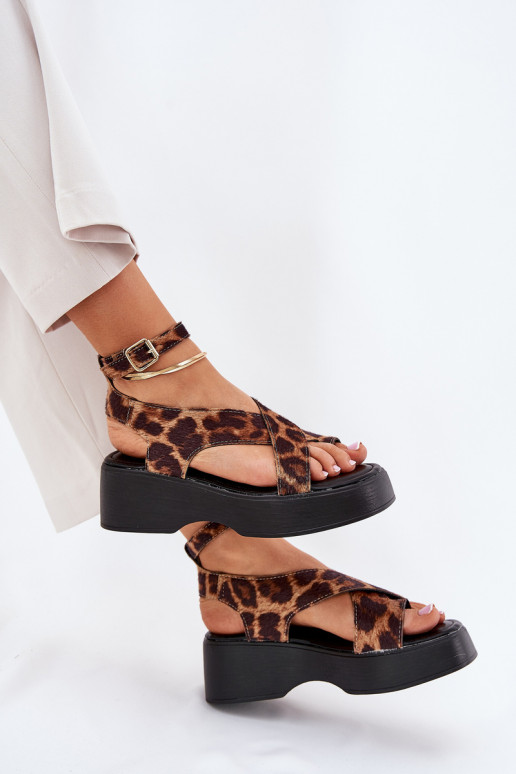 Sandali da donna con una piattaforma I Koturnie con motivi di pelliccia di leopardo colore marrone Tenzorus