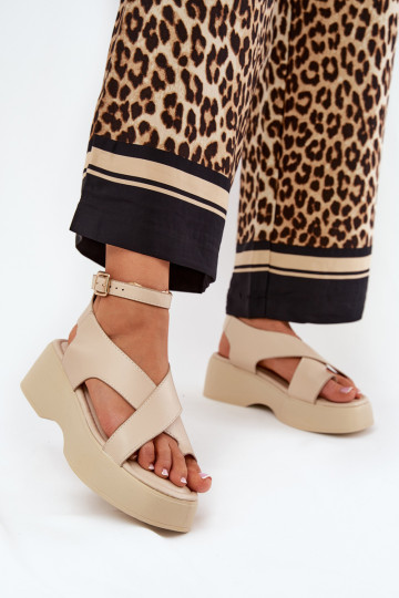 Sandali da donna con una piattaforma I Koturnie Eko Pelle beige Tenzorus