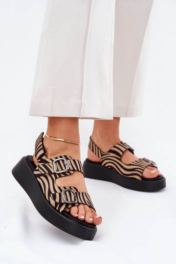 Sandali Donna con piattaforma e tacco con fibbie Zebra color sabbia-nero Genorre