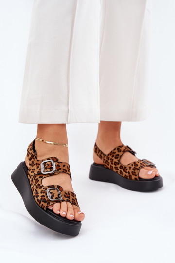 Sandali Donna con piattaforma e tacco con fibbie con stampa leopardata color marrone Genorre 2