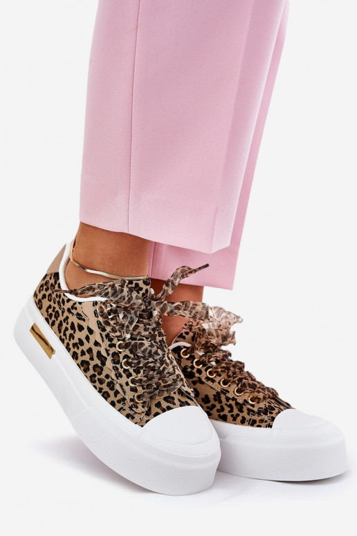 Scarpe per il tempo libero con una piattaforma Con decorazioni Allacciaturam con motivi di pelliccia di leopardo colore marrone 