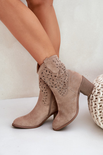 Stivaletti traforati in stile cowboy con tacco per donna S.Barski HY51-125 colore sabbia