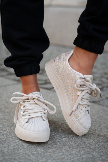 Scarpe modello sneakers femminili con decorazione e piattaforma color sabbia Eanneth