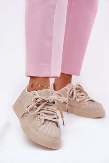 Scarpe modello sneakers femminili con decorazione e piattaforma color sabbia Eanneth 2