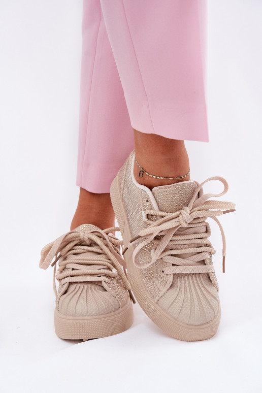 Scarpe modello sneakers femminili con decorazione e piattaforma color sabbia Eanneth