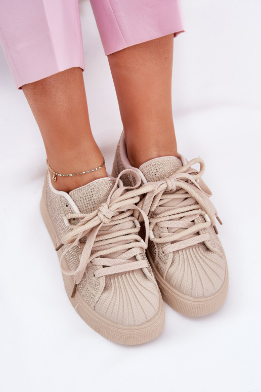 Scarpe modello sneakers femminili con decorazione e piattaforma color sabbia Eanneth
