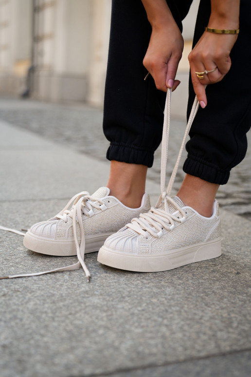 Scarpe modello sneakers femminili con decorazione e piattaforma color sabbia Eanneth